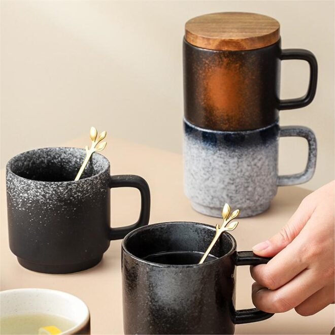 Mayorista Tazas de Café con Tapa de Bambú, Esmalte Reactivo Tazas de Café Granel-2