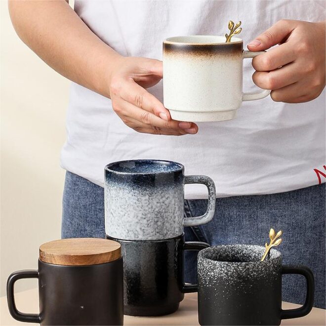 Mayorista Tazas de Café con Tapa de Bambú, Esmalte Reactivo Tazas de Café Granel-5