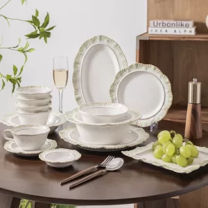Großhandel-Restaurant-Geschirr-grün-geprägt-Keramik-Set-9