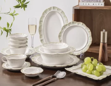 Großhandel-Restaurant-Geschirr-grün-geprägt-Keramik-Set-9
